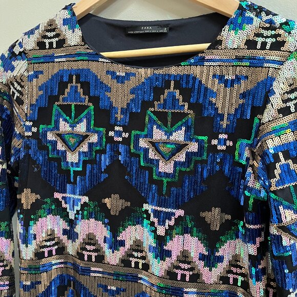 Zara Ethnic Print Sequins Embellished Party Evening Long Sleeve Dress Size US 8 - Picture 4 of 7